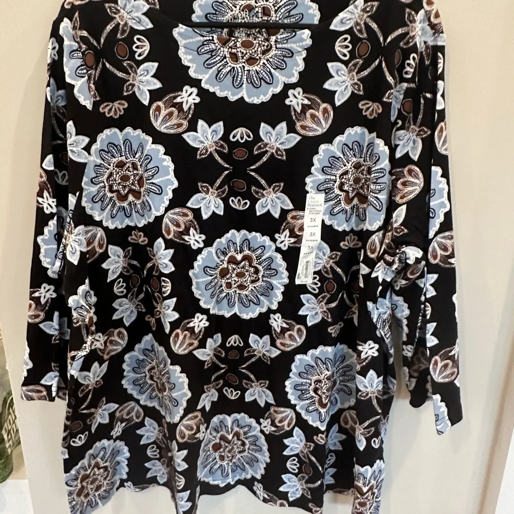 Croft & Barrow Floral Long Sleeve Top - Black, Blue, and Brown - Picture 1 of 4